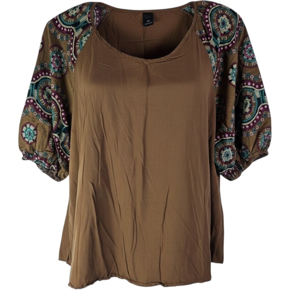 Emery Rose Blouse Women XXL Brown Paisley Medallion Raglan Puff Sleeve Boho Top